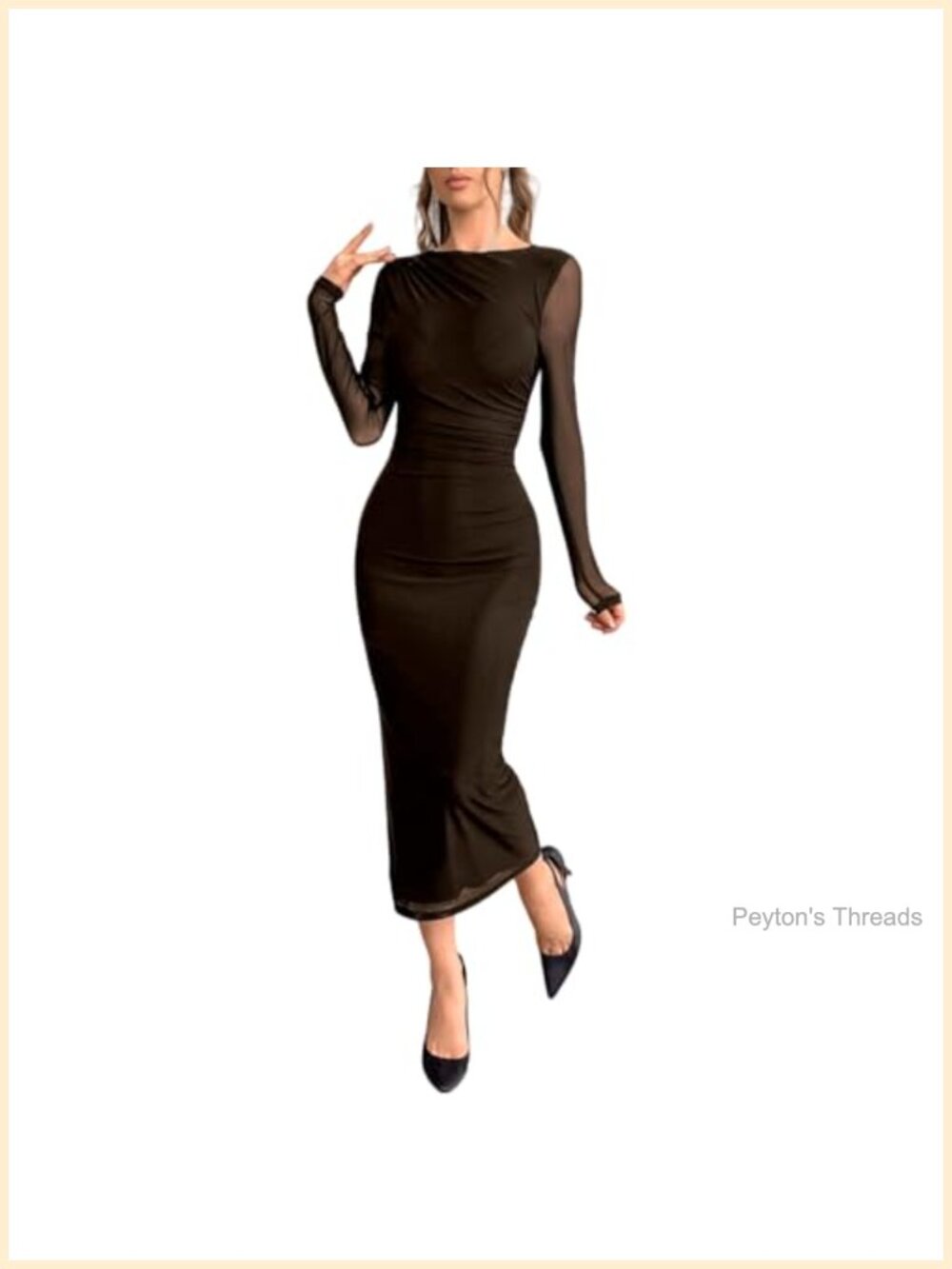 Women's Long Sleeve Bodycon Midi Dress Ruched Mesh Cocktail Party Formal